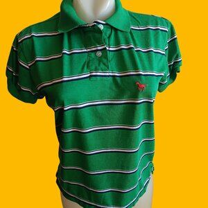 Women' Medium Vintage Polo SHirt Top Striped Red Horse Logo Embroidered Logo 80s